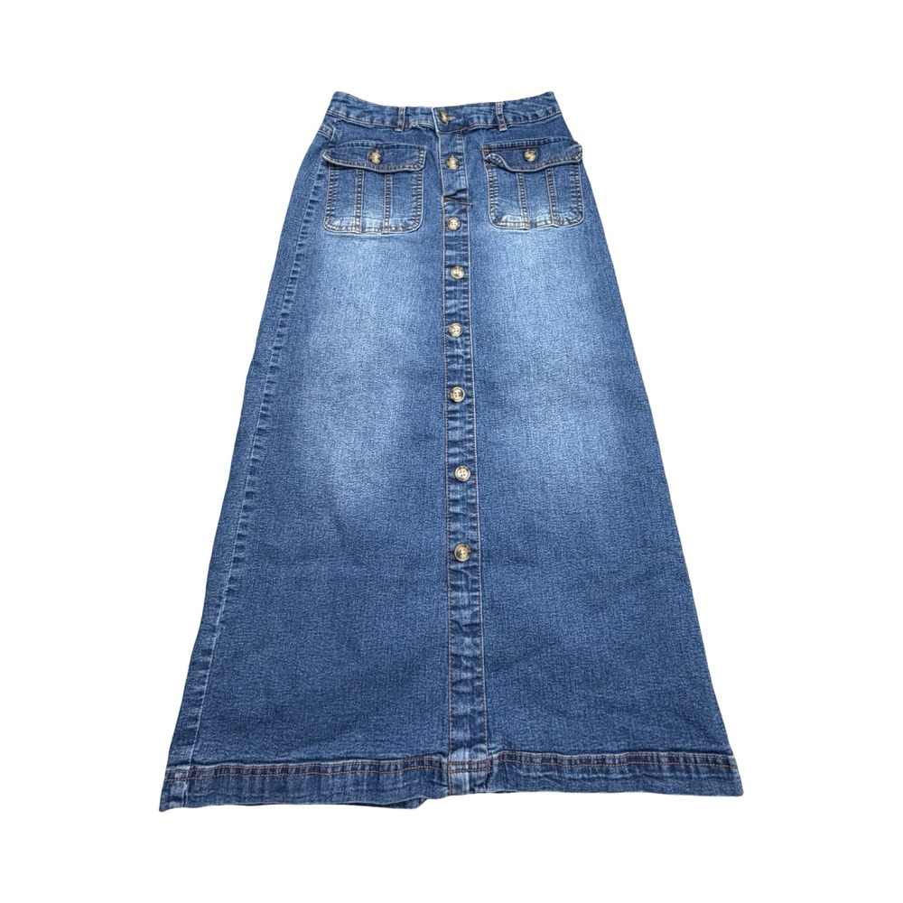 Est. 1946 Denim Maxi Skirt Womens 4 Blue Button Front Stretch Boho Western